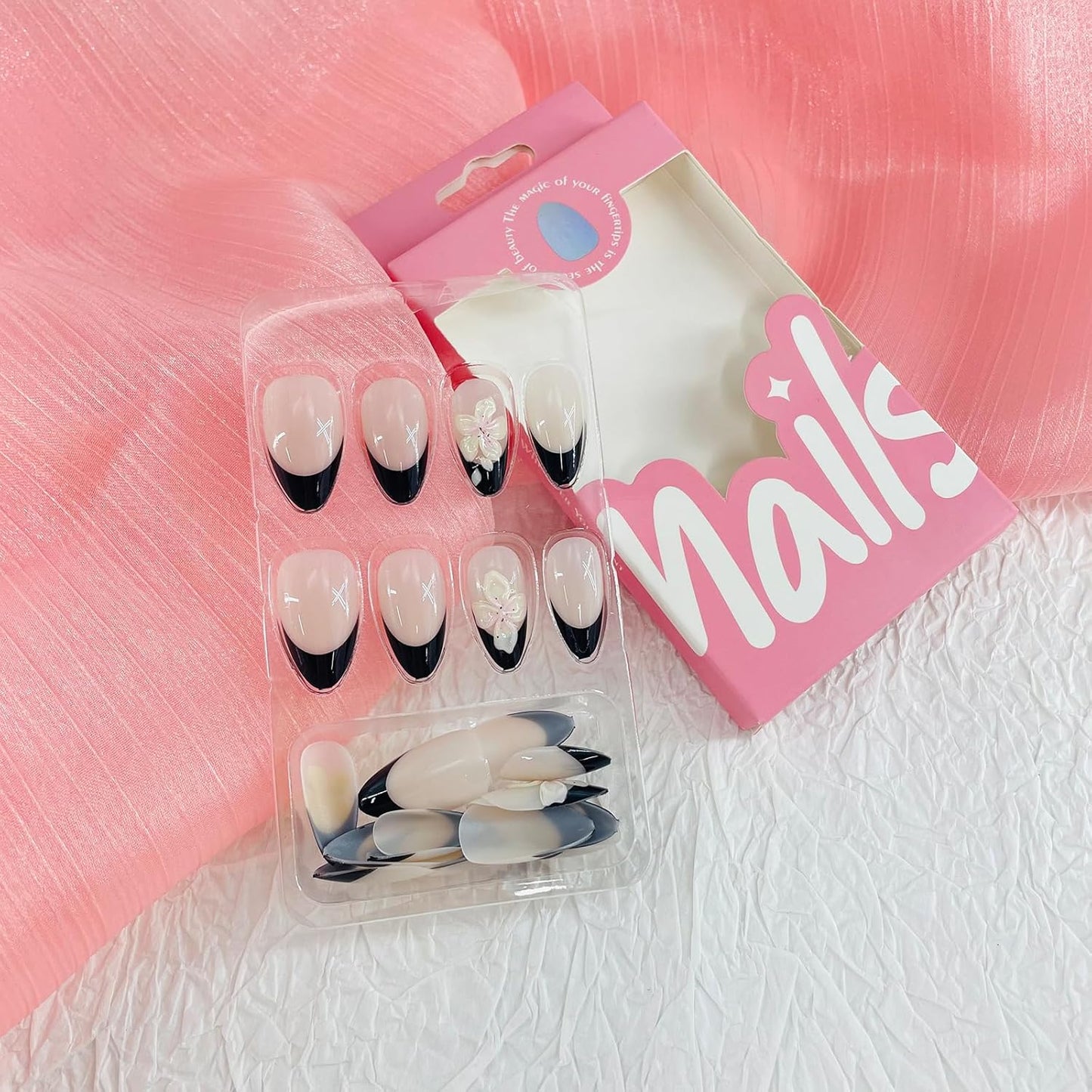 French Tip Almond Press-On Nails with Gold Bow | Reusable Glossy Acrylic False Nails for Women