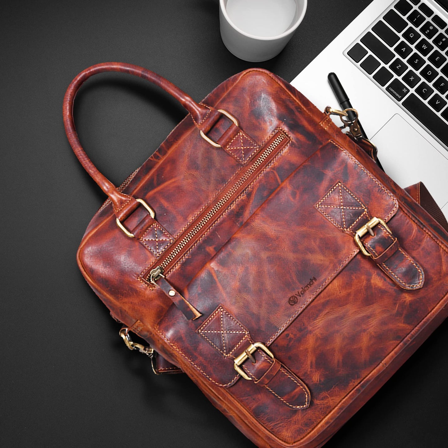 VALENCHI Leather Messenger Bag For Men - Laptop Messenger Briefcase & Shoulder Bag-Office, Work, Travel