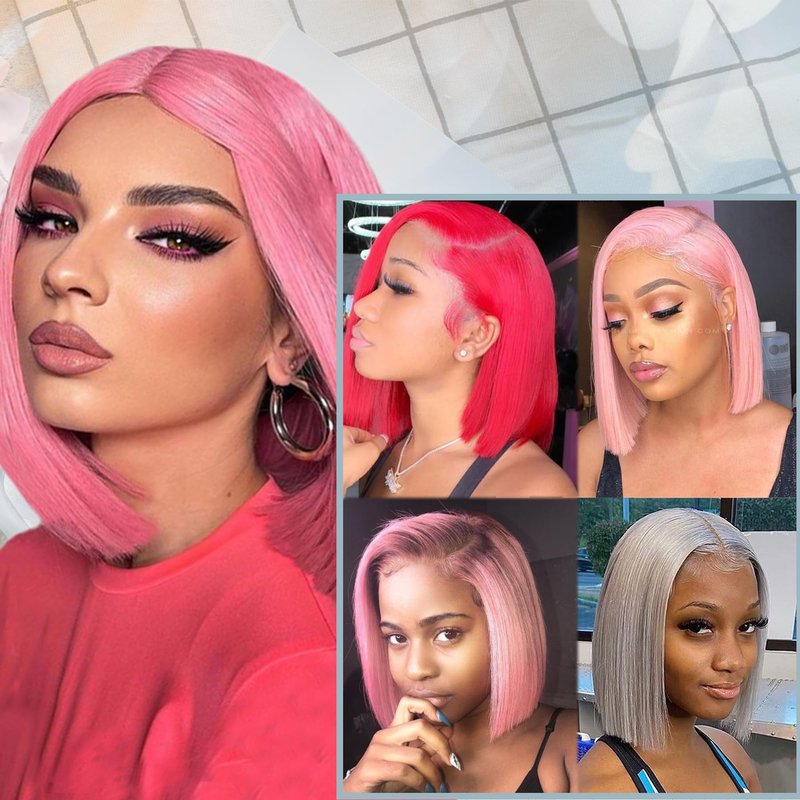 Pink Bob Lace Front Wigs Human Hair Pre Plucked 13x4 Straight Pink Bob Wigs 8Inch Glueless HD Lace Front Wig Human Hair 180% Density Pink Bob Wig for Black Women (10in)