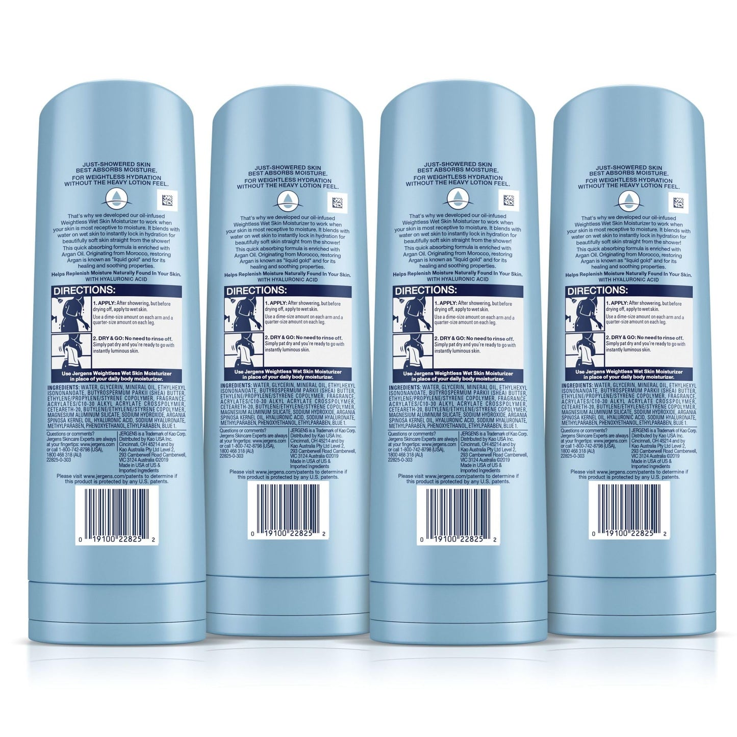 Jergens Wet Skin Body Moisturizer with Restoring Argan Oil, 4X Healthier Looking Skin, Fast-Absorbing, Non-Greasy, Dermatologist Tested, 10 Oz, Pack of 4