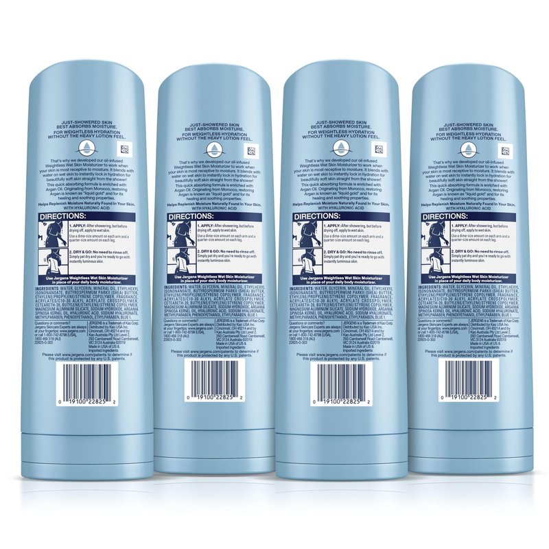 Jergens Wet Skin Body Moisturizer with Restoring Argan Oil, 4X Healthier Looking Skin, Fast-Absorbing, Non-Greasy, Dermatologist Tested, 10 Oz, Pack of 4