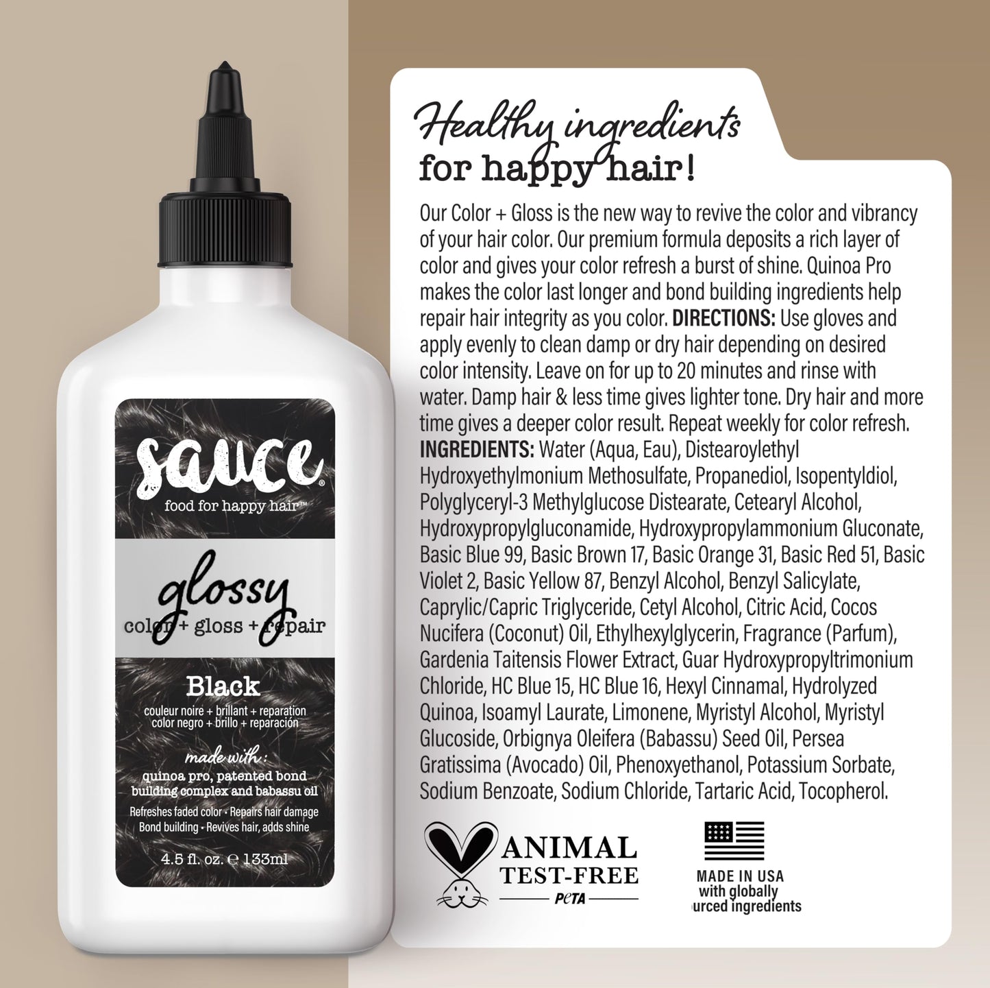 Sauce Beauty Glossy Color + Gloss + Repair, Black, Semi Permanent Hair Dye with Bond-Building and Color-Fade Protection Technology, Adds Shine & Deep Moisture, Lasts 4-8 Weeks, Stops Fade