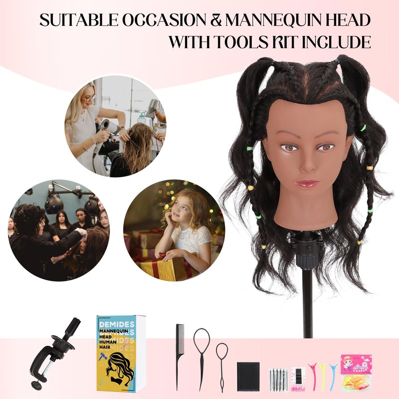 Mannequin Head Human Hair with Ttipod Stand, 100% Real Human Hair for Braiding, Cosmetology Hair Mannequin Head for Hair Styling with Adjustable Stand Tripod