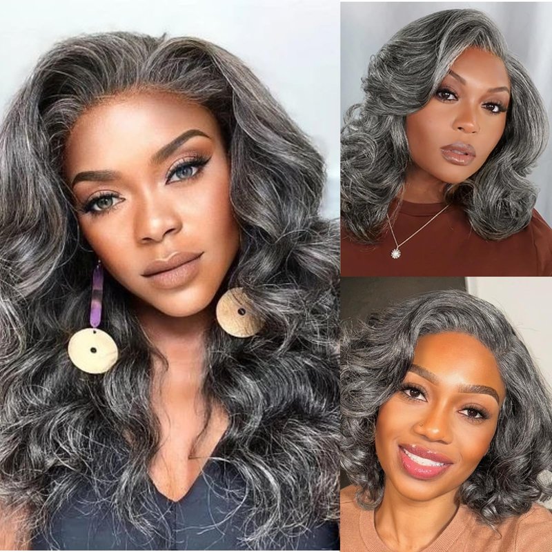 SIYUSI Salt and Pepper Body Wave Human Hair Bundles 12 Inch 1 Bundles Human Hair 100% Unprocessed 12A Brazilian Hair Weave Extensions Natural Gray-White Color