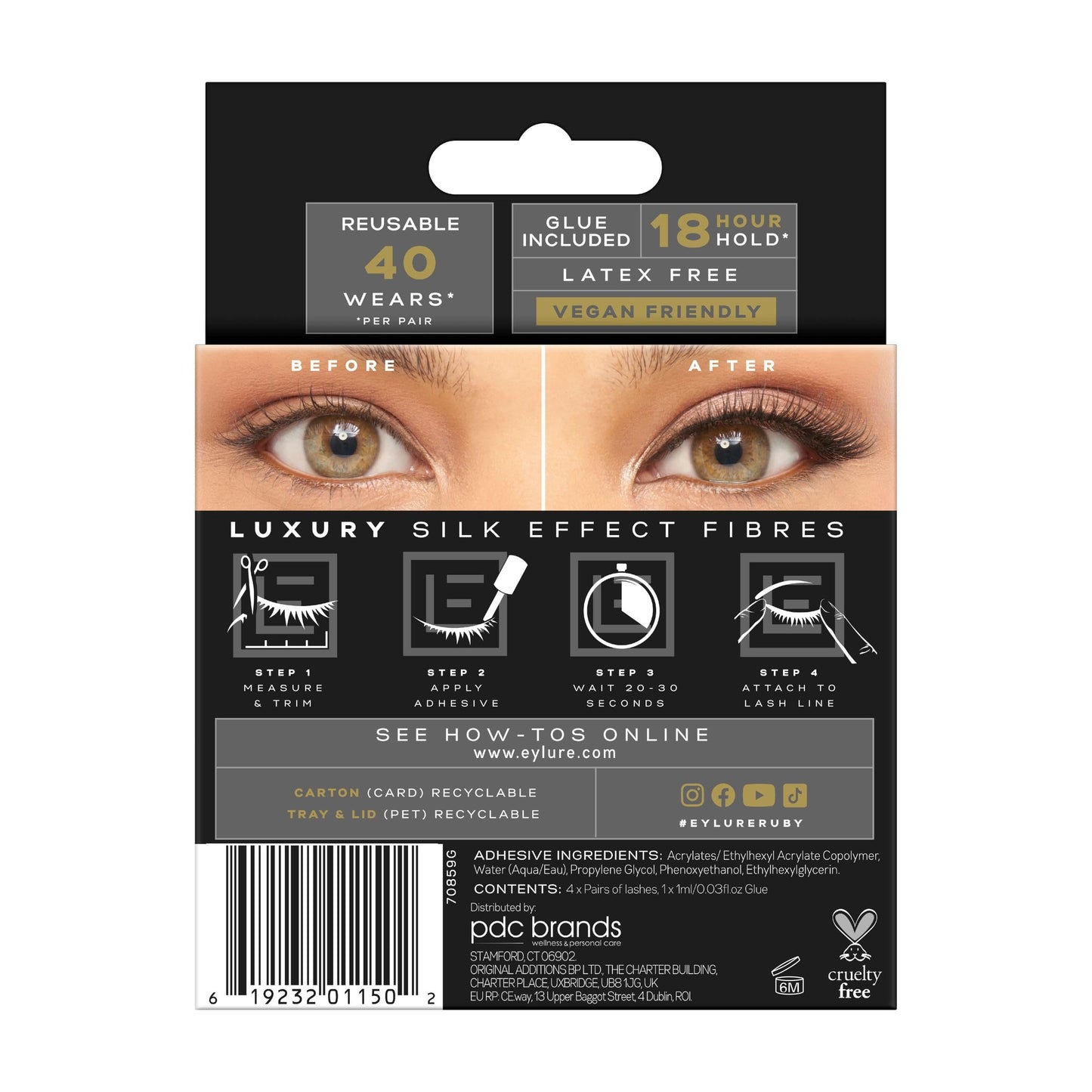 Eylure Luxe Faux Mink Ruby Eyelashes, Reusable Strip Lashes, Silk Effect Fibers, Black, Multipack (4 Pairs)