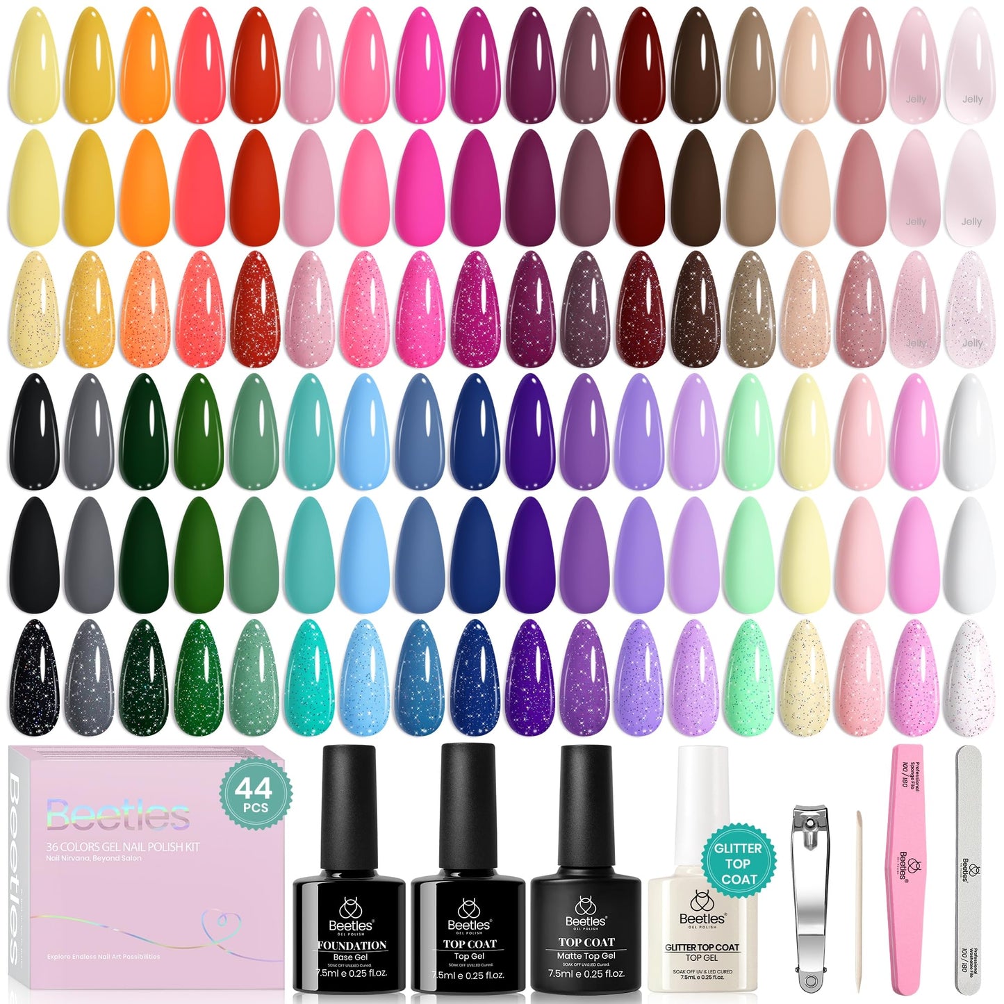 beetles Gel Polish Set Vivid Seasons - Summer Gel Nail Polish Set 36 Colors Pink Yellow Green Purple Jelly Shades 45pcs with Base & Top Coat UV LED Soak Off DIY Salon Gift for Women