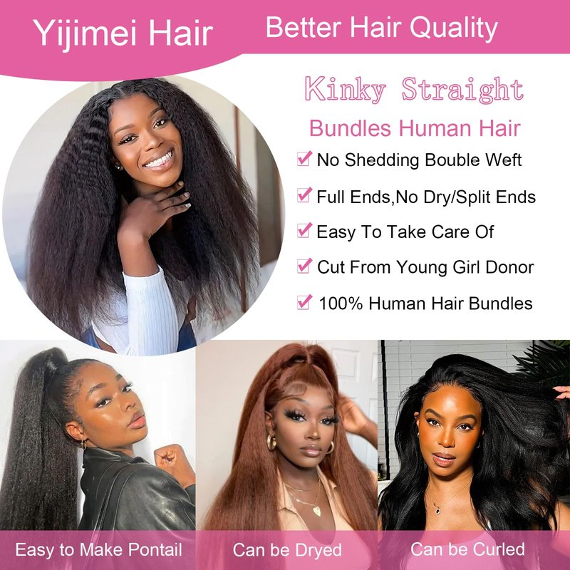 Yijimei Kinky Straight Human Hair Bundles Yaki Straight Human Braiding Hair 100g 22 Inch Human Hair Bundle 100% Unprocessed Brazilian Virgin Hair Natural Black