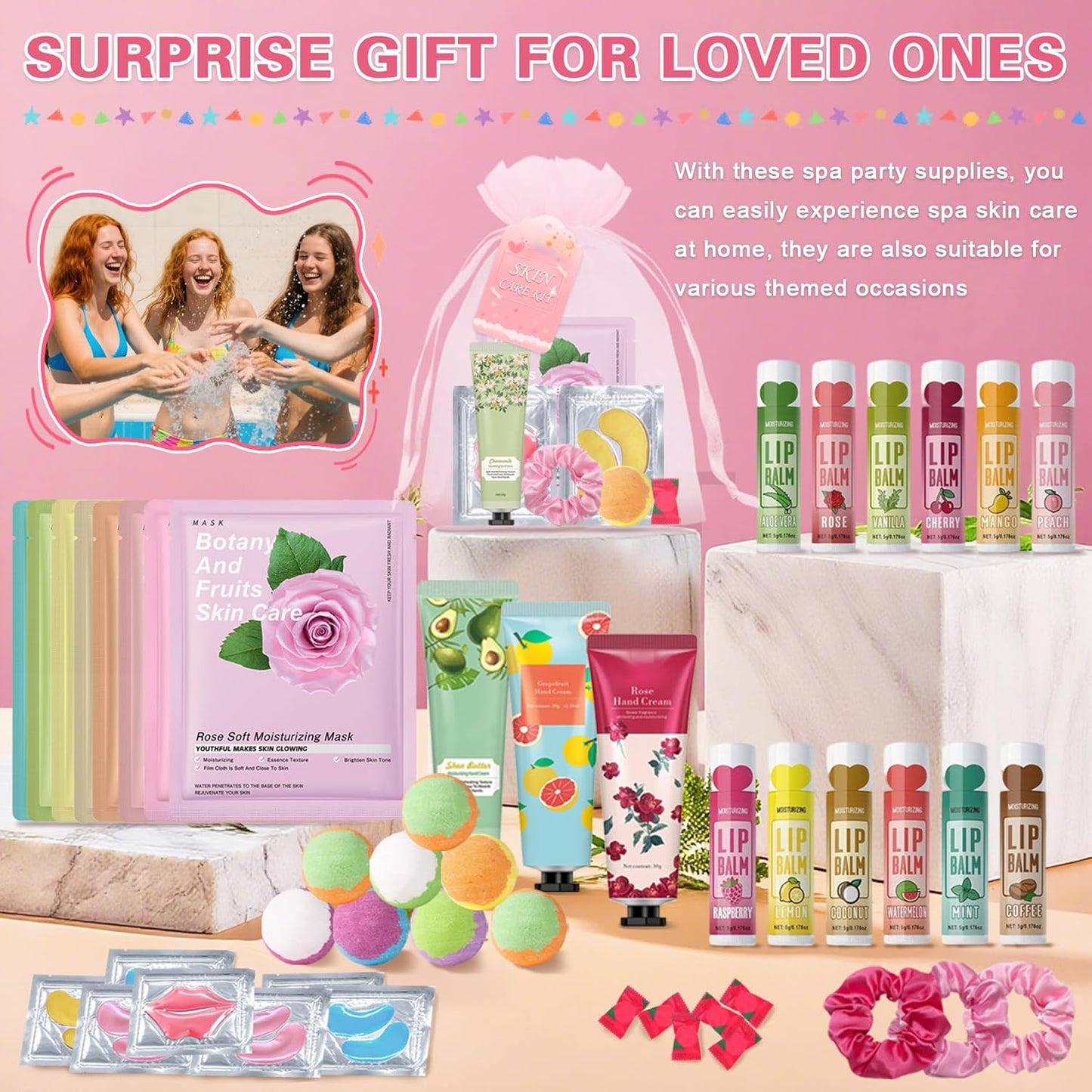 Spa Party Supplies for Girls - 120 PCS Skincare Favors with Face Masks, Hand Cream & Bath Bombs | Perfect for Sleepover Parties