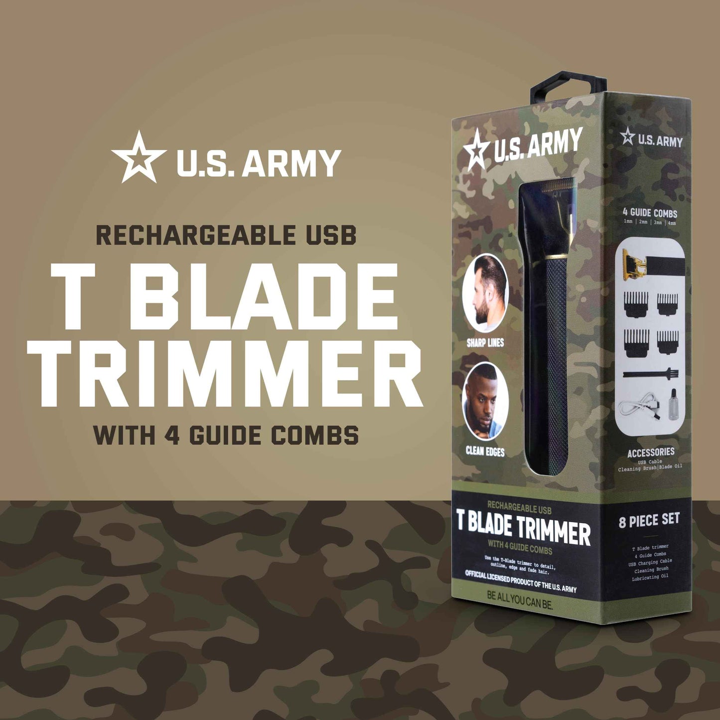 U.S. Army Electric Razor for Men, Hair and Beard Trimmer, T-Blade Clippers, Cordless Rechargeable Shaver with 4 Guide Combs