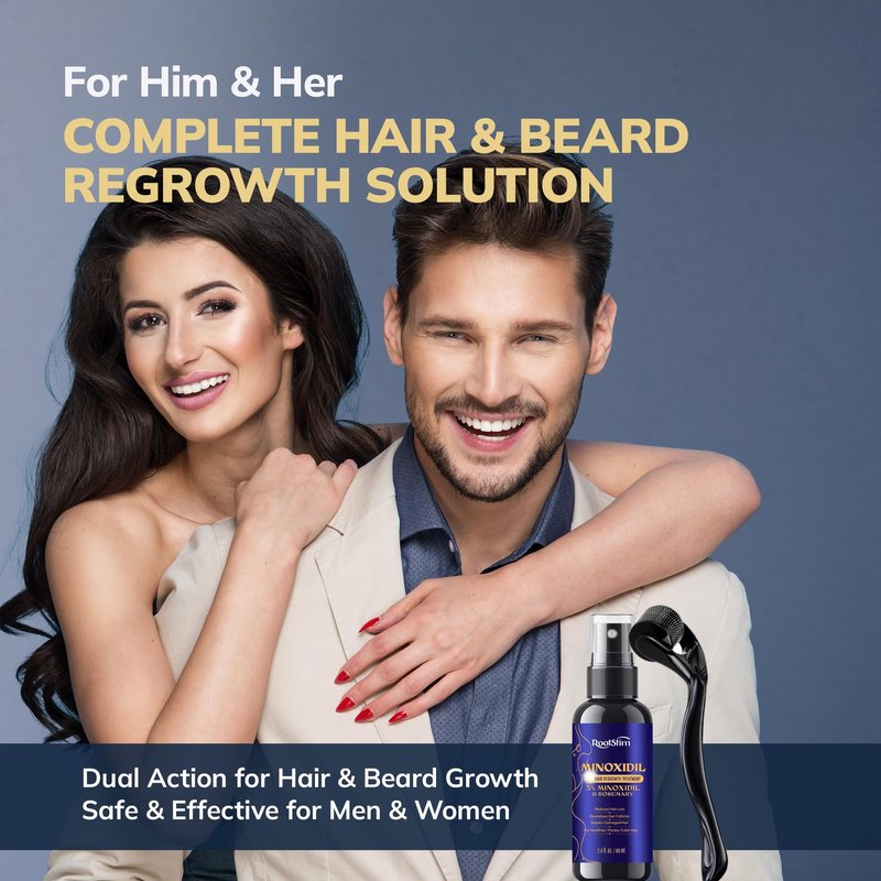 5% Minoxidil Spray + 0.25mm Derma Roller Hair Growth Kit for Men and Women, Hair Regrowth Treatment for Thinning Hairline, Crown & Beard, Rosemary Biotin Formula, 60 mL