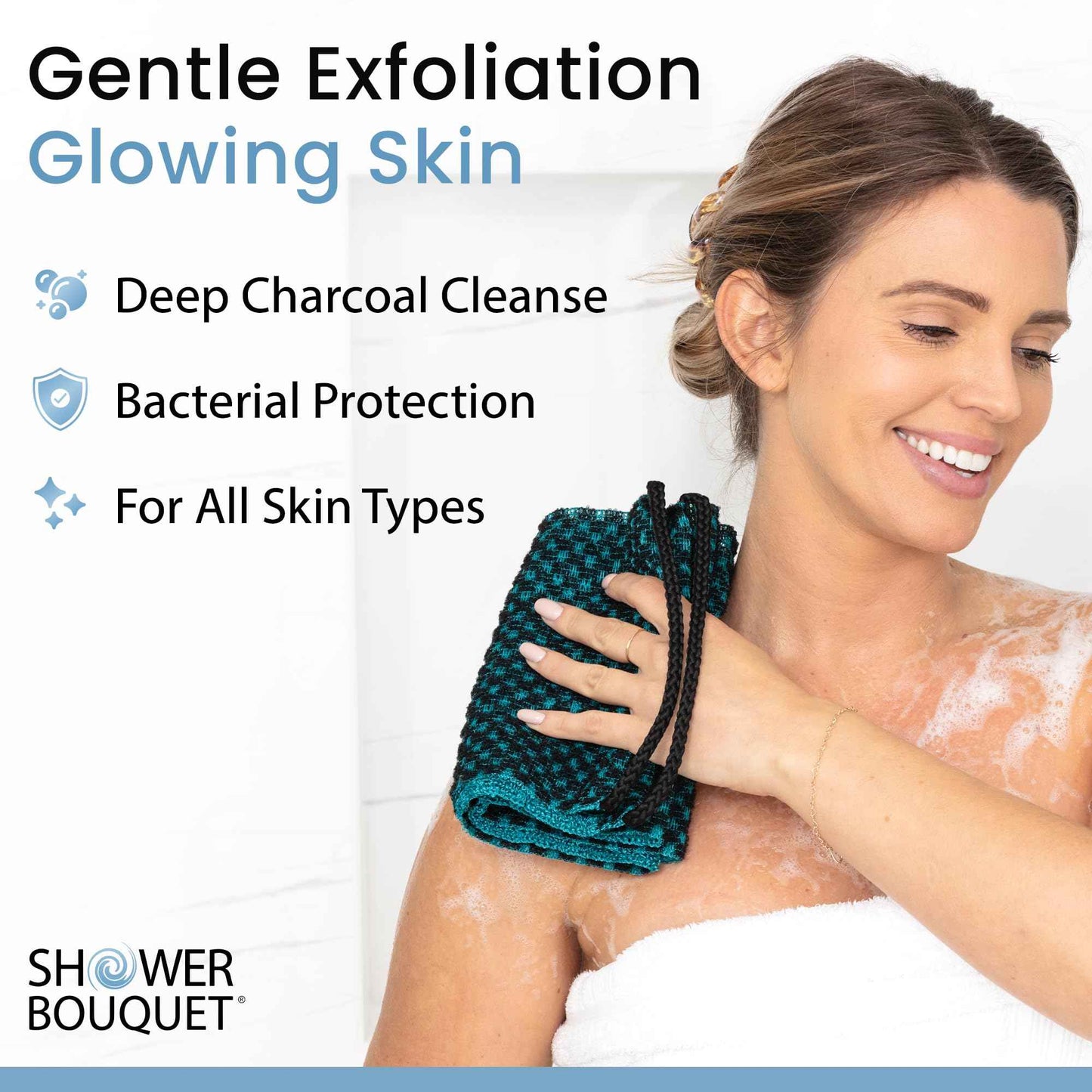 Japanese Exfoliating Washcloth for Back & Body - Charcoal & Silver Ion Exfoliating Towel with Handles - Two-Sided Gentle Exfoliation & Deep Cleansing Soft Body Wash Cloths for Shower - Green