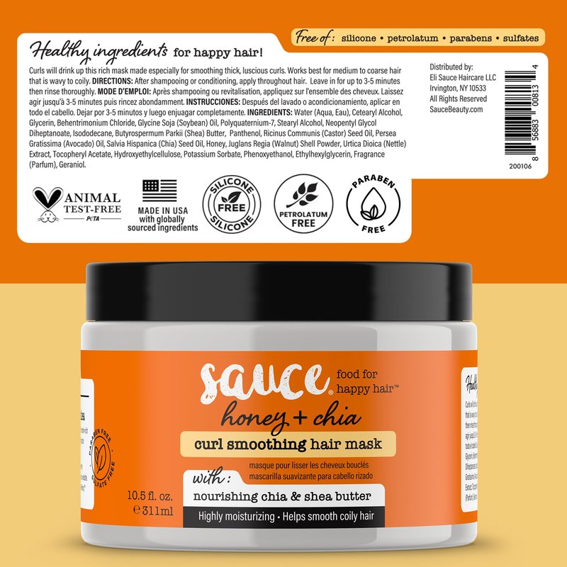 SAUCE Hair Mask, Honey Chia Smoothing Curl Mask (10.5 FL Oz) Frizz Control & Deep Conditioning with Shea Butter, Curly & Coily Hair, No Parabens & Sulfates