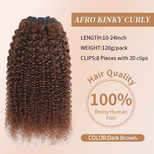 Afro Kinky Curly Clip Ins Human Hair 4C Hair Clip in Extensions Real Natural Human Hair for Black Women 8 pecs with 20 Clips 120g Dark Brown Color 12 Inch