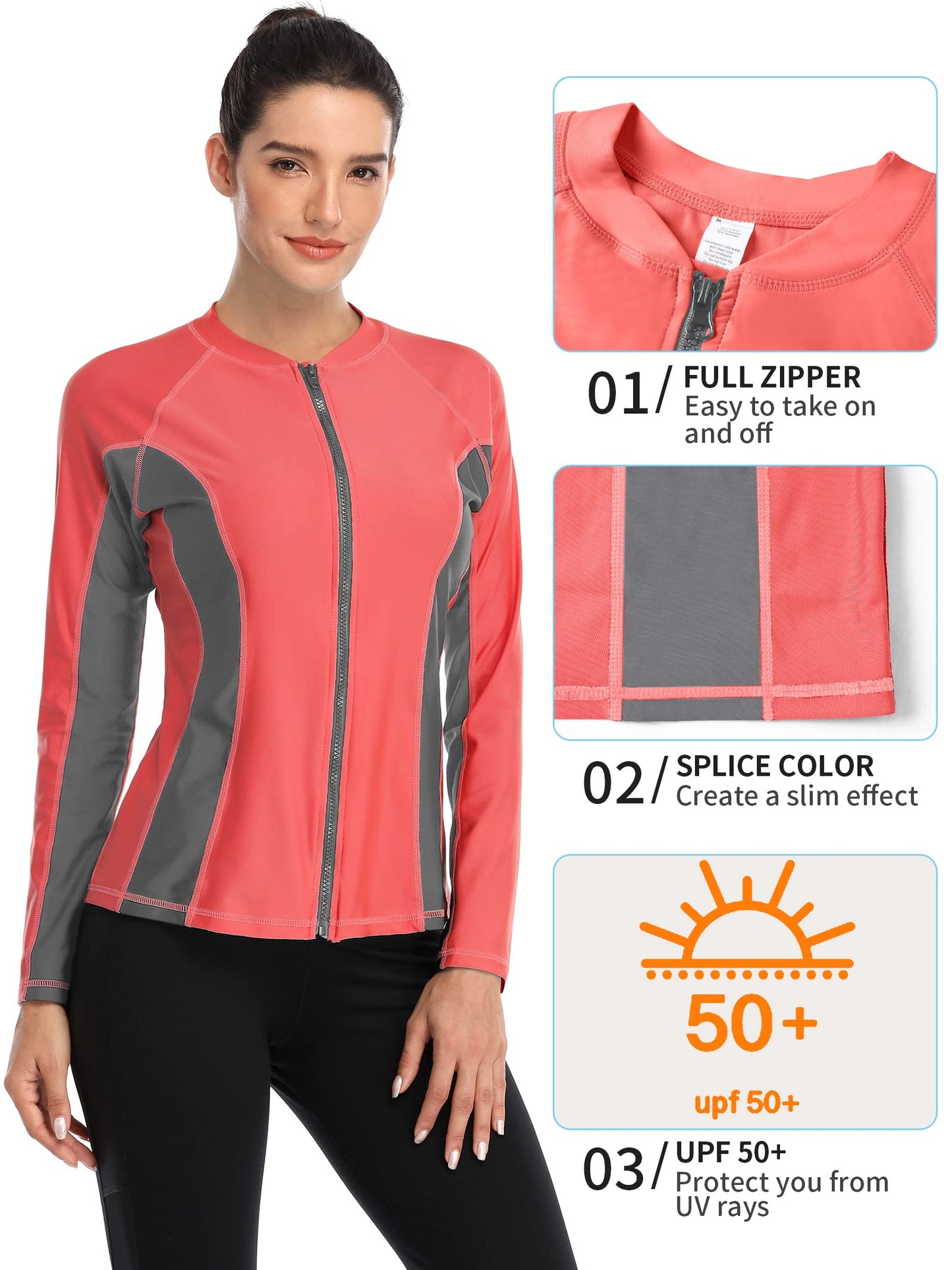 ATTRACO Womens Zip Front Long Sleeve Rashguard Shirt Splice Surfing Swimsuit Coral L