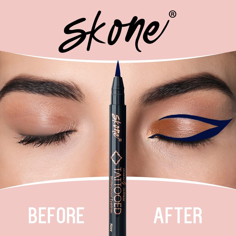 Skone Cosmetics Insanely Intense Tattooed Eyeliner Pen - Waterproof Liquid Eyeliner, Long Lasting, Sweat Proof, Smudge Proof Felt Tip Liquid Eyeliner - Pigmented Eye Liner Makeup - Navy (0.07oz)