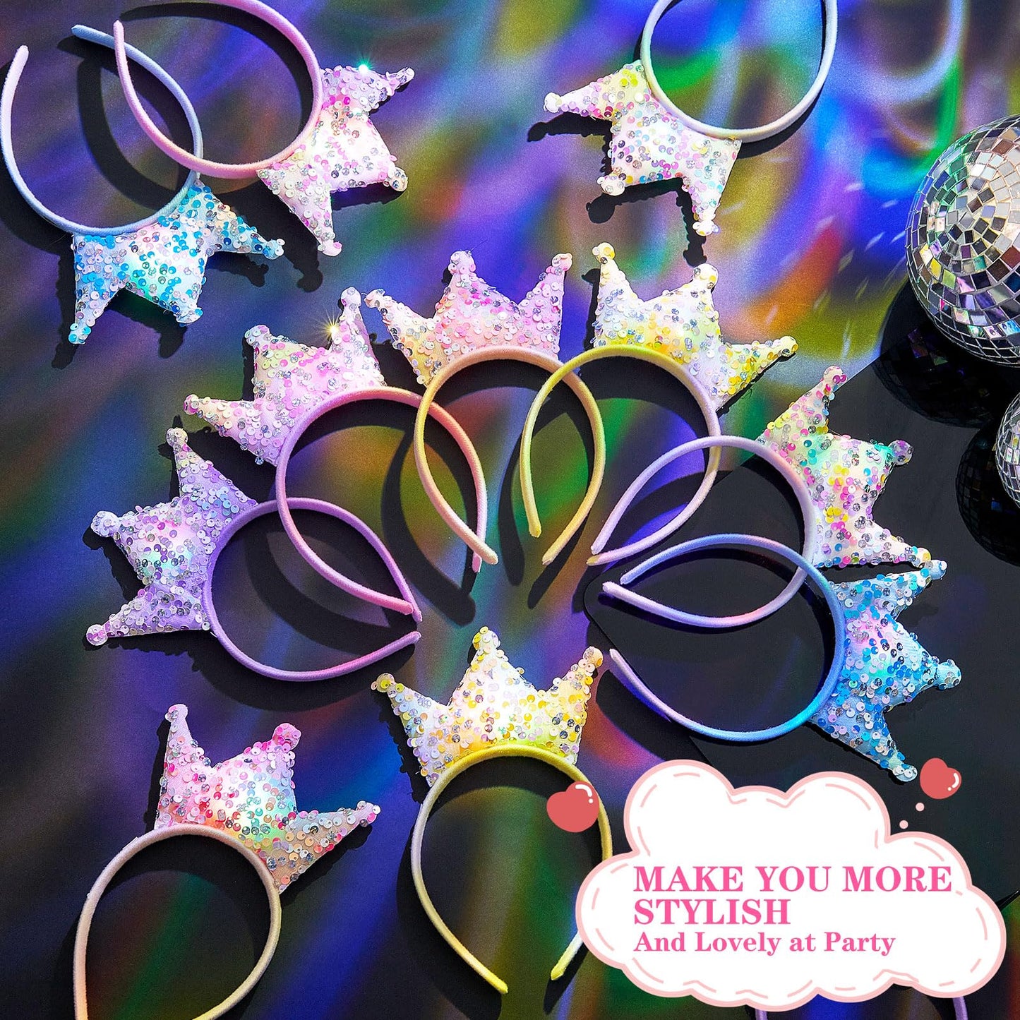 Juexica 24 Pcs LED Glitter Sequin Light Up Princess Crown Headband, Hair Accessories for Girl Women Bling Tiara Birthday Party Favor
