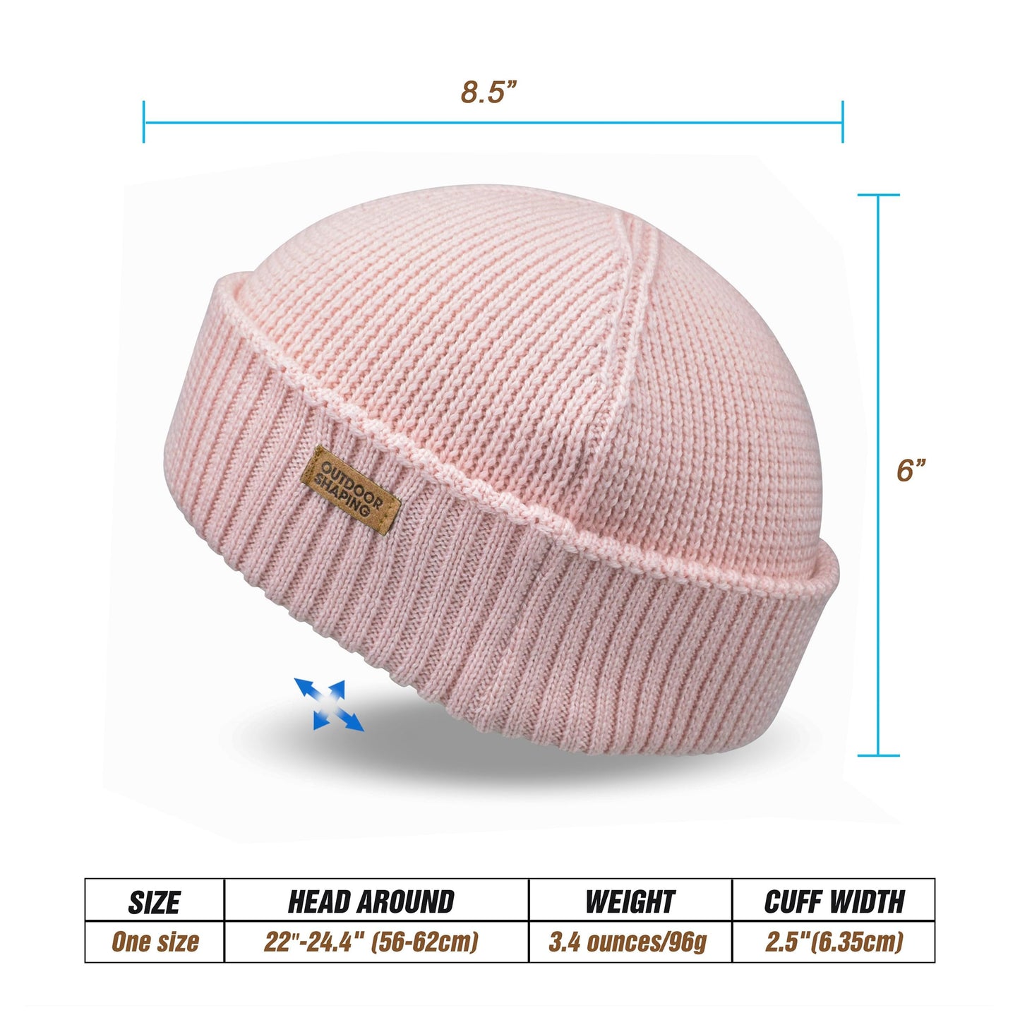 OUTDOOR SHAPING Merino Wool Short Fisherman Beanies for Men Women, Knit Cuff Trawler Beanie Cap, Winter Warm Daily Hat, Light Pink, One Size