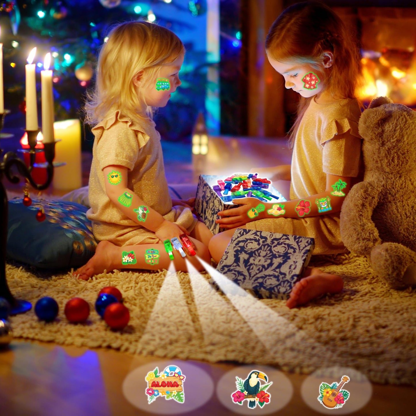 72 PCS Glow In The Dark Hawaiian Party Favors ā 48 PCS Luminous Tattoos & 24 PCS LED Finger Lights Combo ā Birthday Goodie Bag Fillers, Party Supplies, Gifts Light Up Toys for Boys and Girls