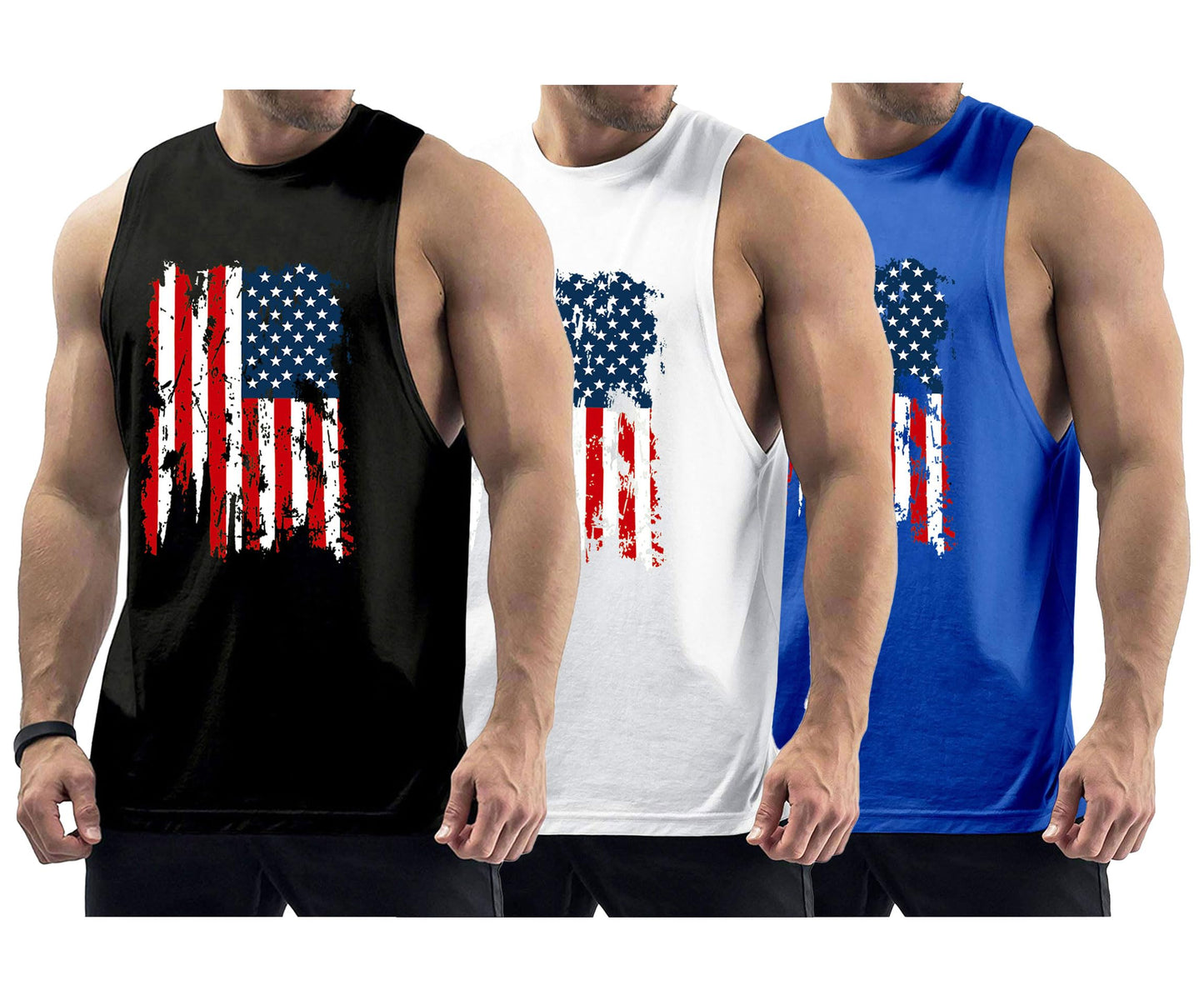 InleaderStyle Men's 3 Pack Workout Tank Tops Sleeveless Gym Muscle Tee Graphic American Flag Shirt - BK+WT+BU-L