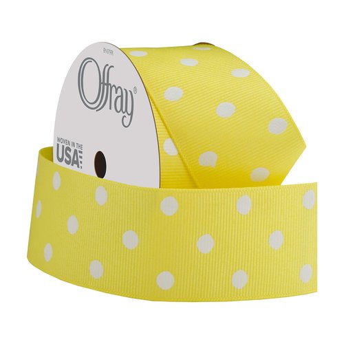Offray 945858 1.5" Wide Grosgrain Ribbon, Lemon Yellow and White Polka Dot, 3 Yards