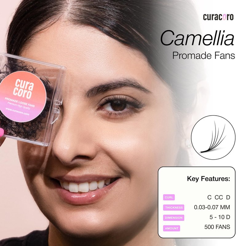 Curacoro Camellia Promade Fans - Handmade Volume Promade Eyelashes Fans 5D to 10D, C CC D Curl, Thickness 0.03~0.07mm, 7-14mm Mix Lengths, Professional Long-Lasting Promade Lash Fans
