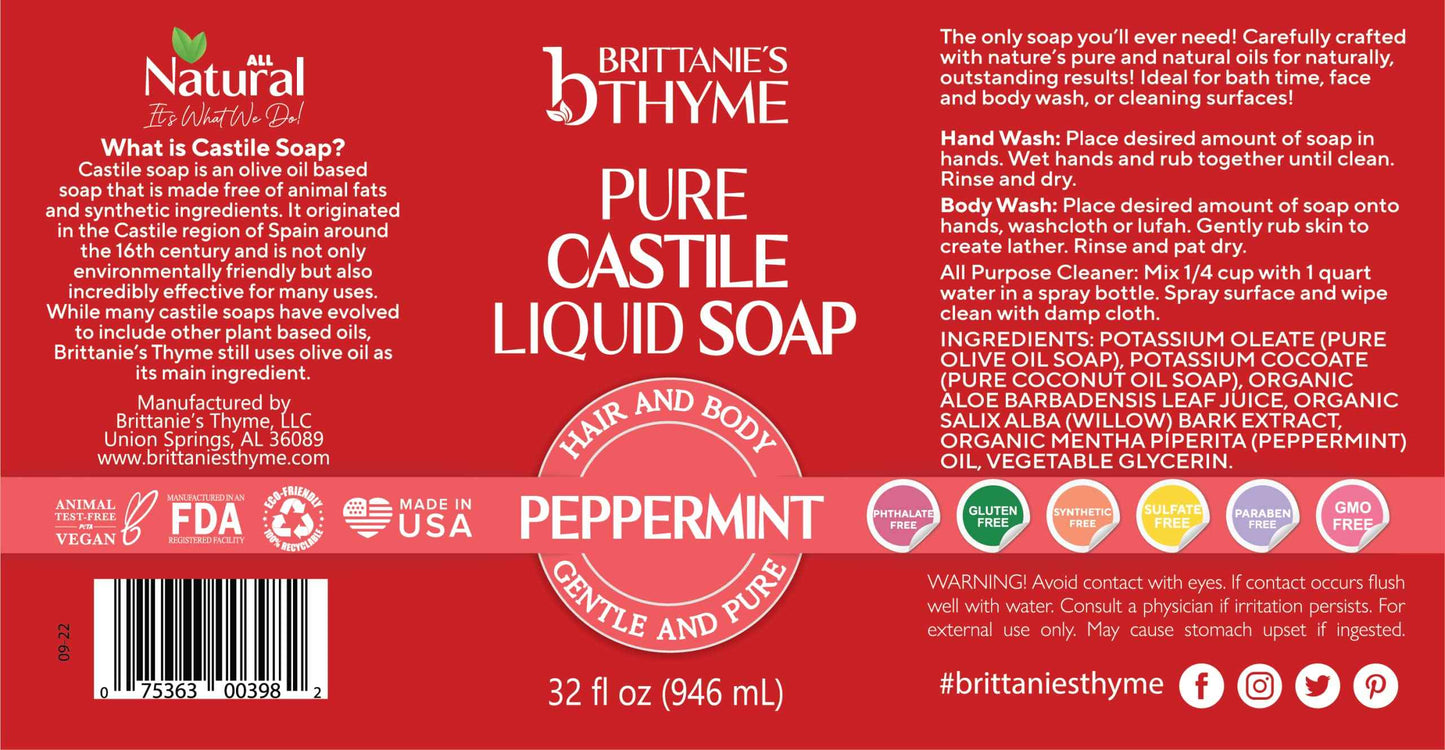 Brittanie’s Pure Castile Liquid Soap Refill, Peppermint, 32 Ounce | Dish Soap, Hair & Body, Home, Gentle and Pure, Made with Natural Luxurious Oils, Vegan & Gluten Free Non-GMO