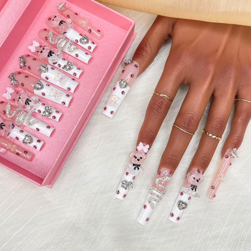 GGddsha 2026 Long Pmma Acrylic Handmade Nail Design Novelty with Rhinestone Bear Love Snake Design Glossy Nail, Reusable Nail Set with Box Gift for Women (White-pink, M)