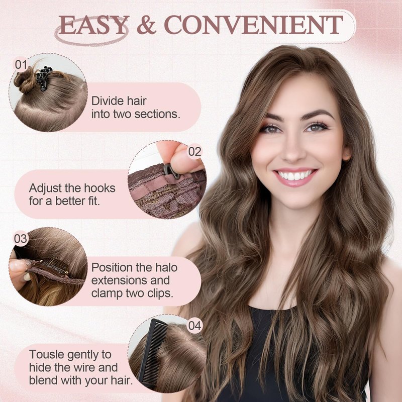 SEGO Pro Halo Hair Extensions Real Human Hair Wavy Invisible Wire Hairpiece Adjustable One Piece With 2 Secure Clips For Women to Add Length,12inch Gold Blonde Mixed Bleach Blonde,55g