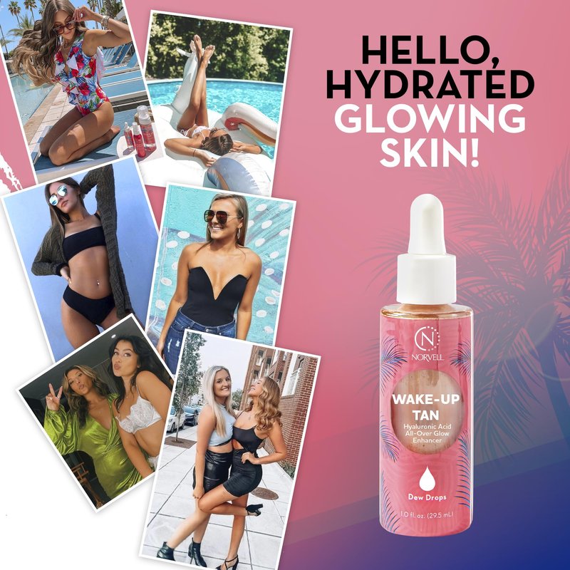 Norvell Wake-Up Tan Dew Drops, 1 oz Luminizing Glow Drops for Face & Body, Mix with Makeup or Moisturizer, Fragrance-Free Cosmetic Illuminator