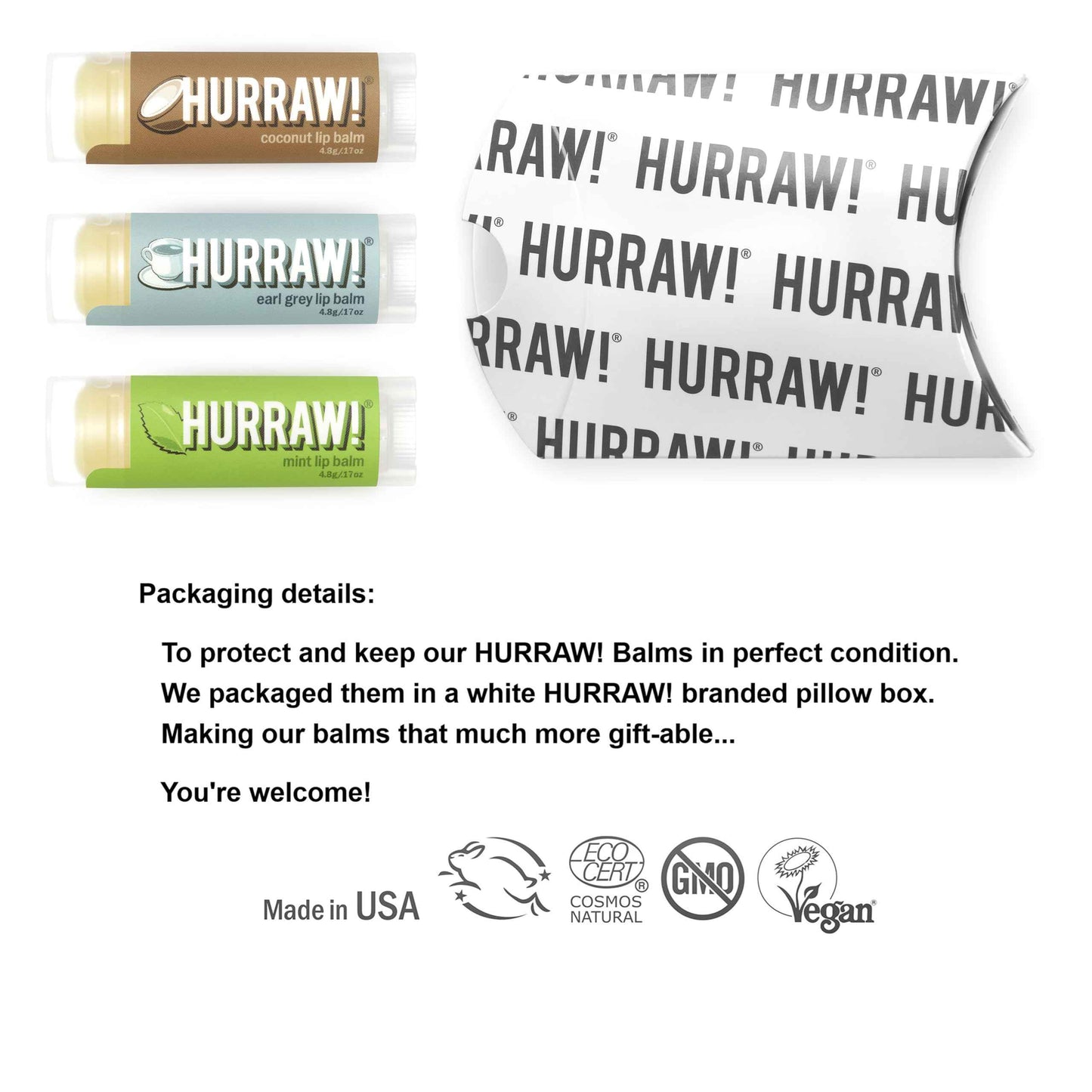 Hurraw! Coconut, Earl Grey, Mint Lip Balms, 3 Pack Bundle: Organic, Certified Vegan, Cruelty and Gluten Free. Non-GMO, 100% Natural Ingredients. Bee, Shea, Soy and Palm Free. Made in USA