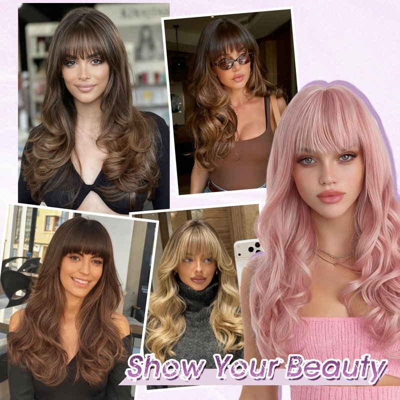 Haloo Pink Wigs with Bangs Long Wavy Layered Haircut Natural Looking Fluffy Synthetic Heat Resistant Hair Wig for Women Daily Party, 24 Inch