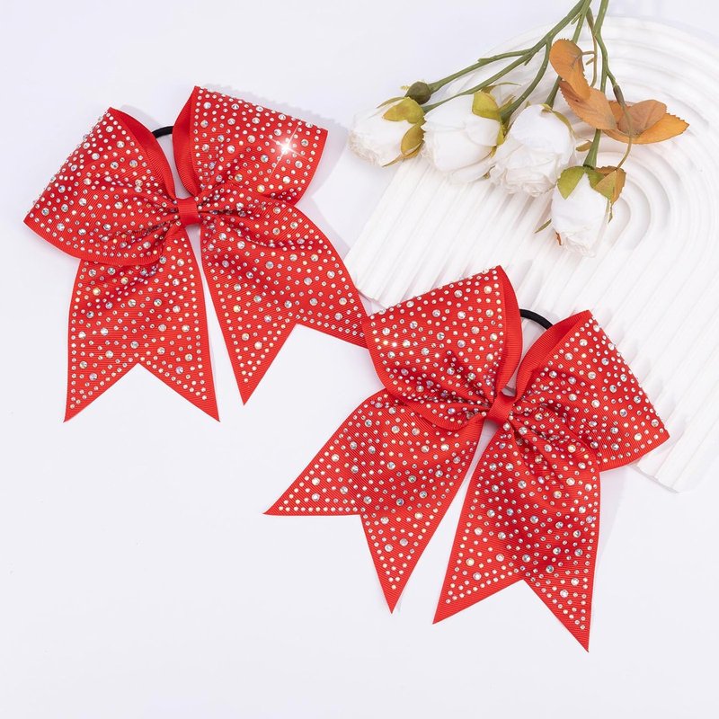 Rhinestone Cheer Bows - 10PCS Red Glitter Hair Bows for Girls | Large Elastic Ponytail Holders for Cheerleading & School Spirit