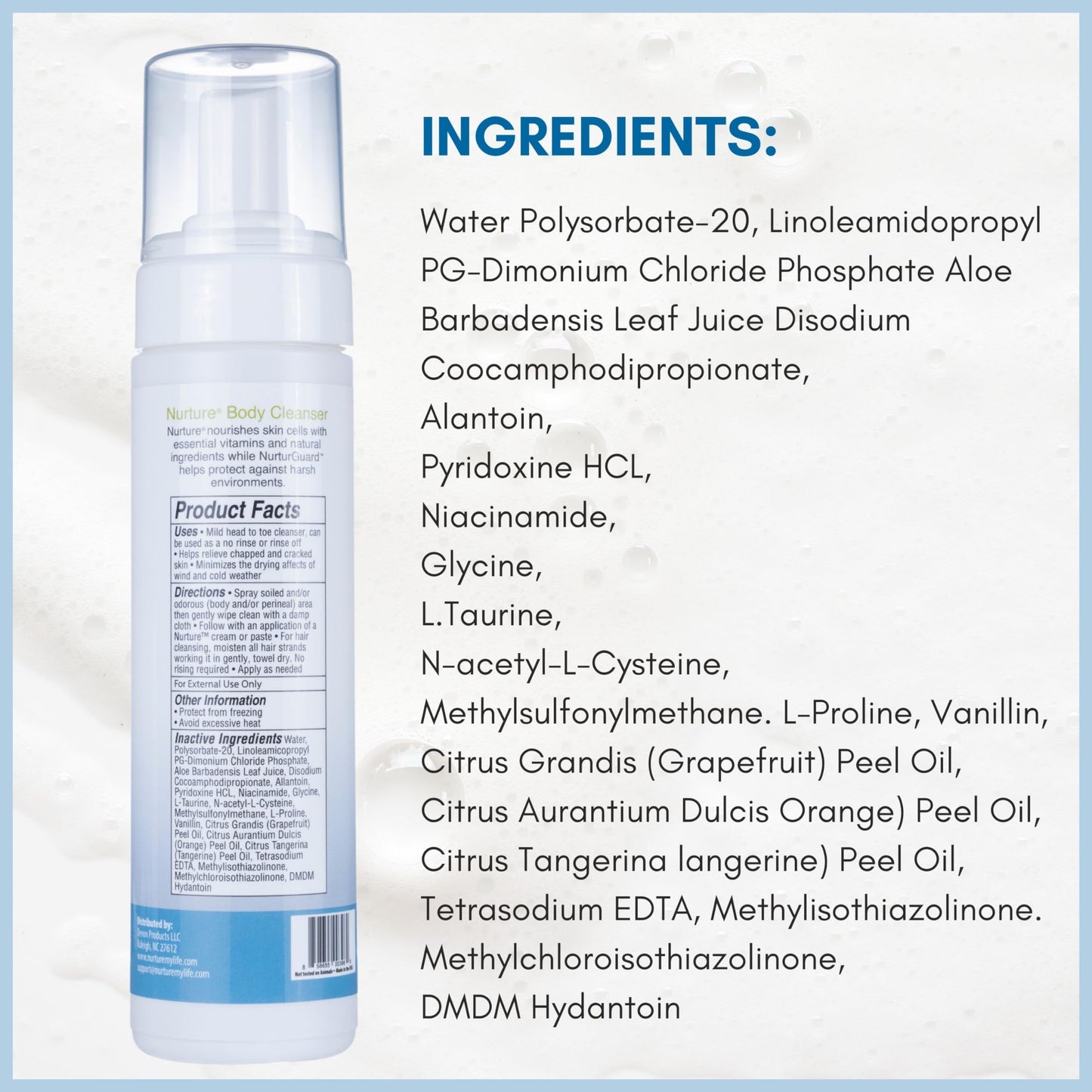 Nurture Rinse Free Waterless Foaming Cleanser for Women, Camping, Elderly & Hospital Care | No Rinse Body Wash with Aloe for Sensitive Dry Skin | Moisturizing & Gentle Cleanser