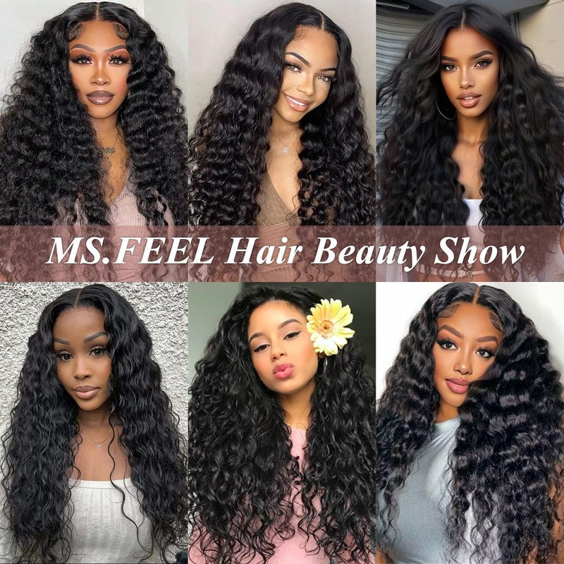 MS.FEEL Long Deep Curly Wig Synthetic Lace Front Wigs Glueless 13x5x1 HD Transparent Lace Wig Pre Plucked Natural Hairline Wavy Wigs for Black Women (#1B Natural Black, 28 Inch)