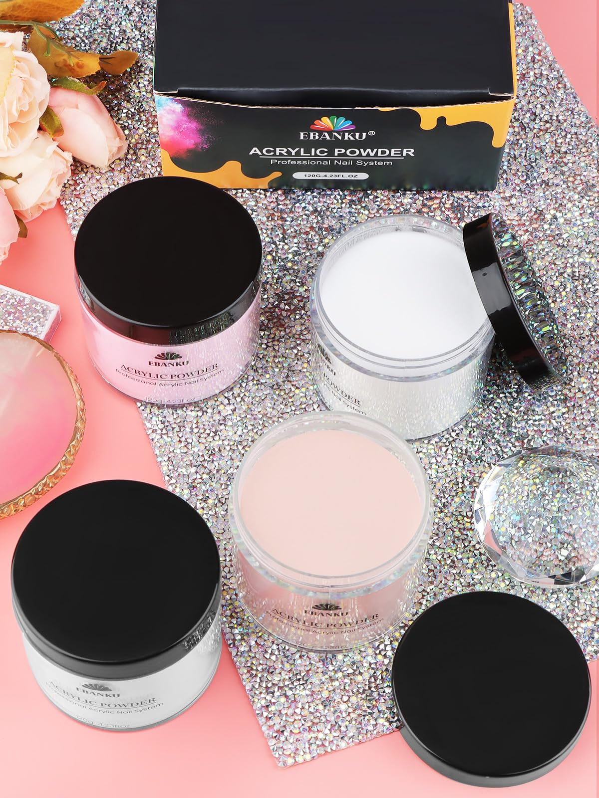 EBANKU Acrylic Powder Set Nude Pink Milky White Clear Big Capacity 4.23oz*4