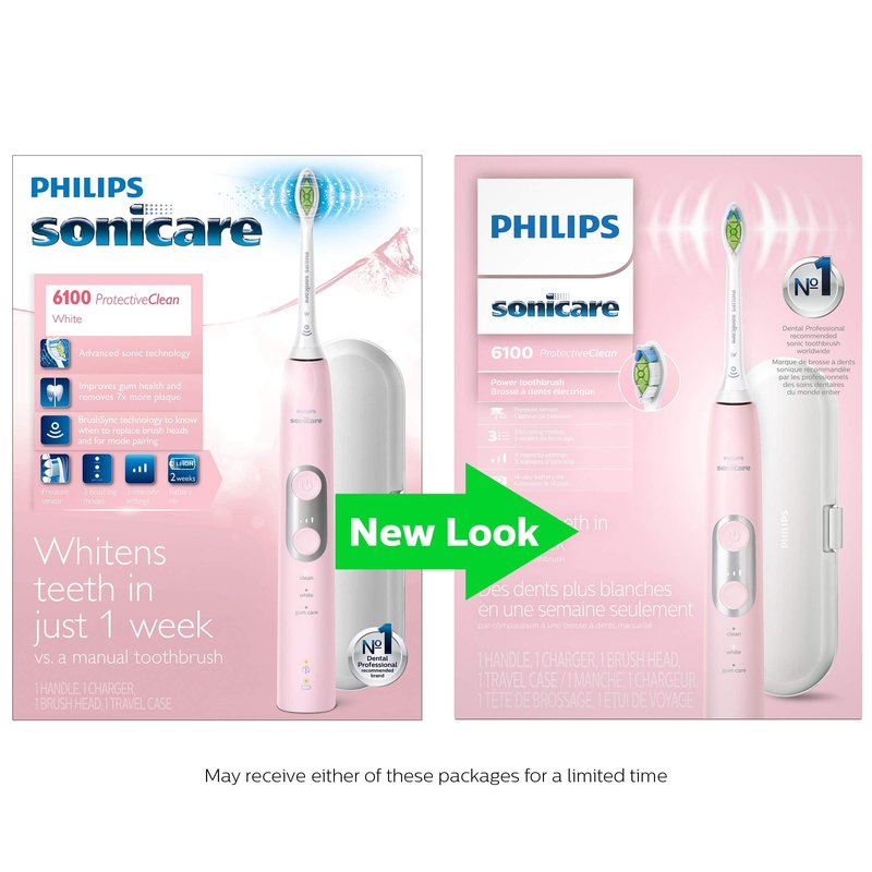 Philips Sonicare ProtectiveClean 6100 Rechargeable Electric Toothbrush, with Pressure Sensor, 3 Cleaning Modes, SmarTimer and QuadPacer, 14-Day Battery Life, Travel Case, Pink, Model HX6876/21
