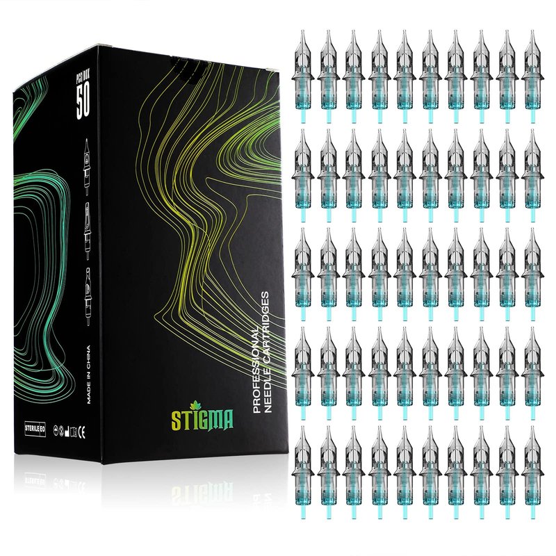 STIGMA Aquamarine Knight Tattoo Cartridge Needles #12(9RM) 50Pcs 0.35mm Standard Disposable Tattoo Needles Cartridges with Membrane Curved/Round Magnum EN02B-50-OF1209RM