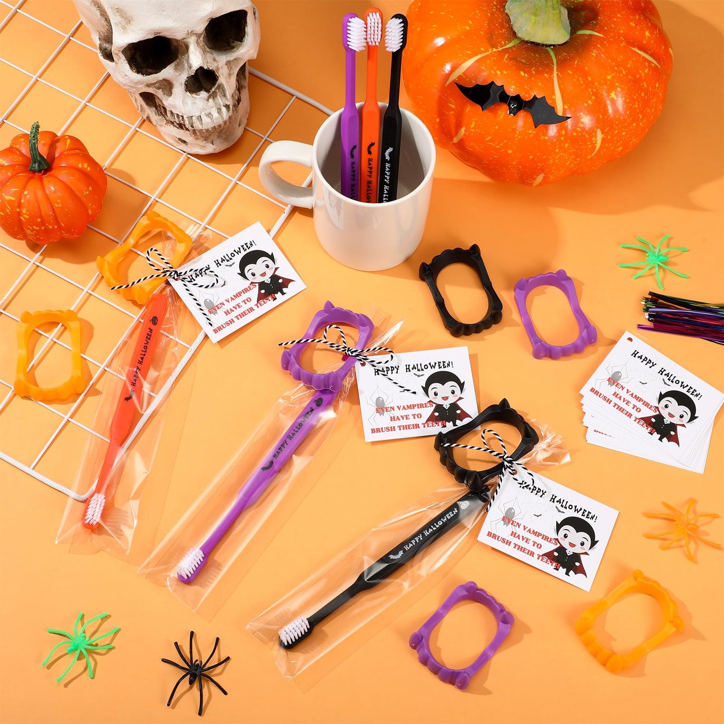 Soulchen 24 Set Happy Halloween Toothbrushes Vampire Teeth Kit Including 24 Vampire Fangs, 24 Individually Wrapped Toothbrush, Cards, Lanyard and Bag for Halloween Cosplay Party Costume Accessories