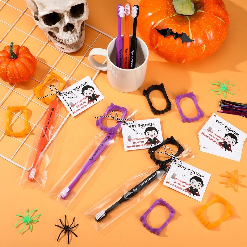 Soulchen 24 Set Happy Halloween Toothbrushes Vampire Teeth Kit Including 24 Vampire Fangs, 24 Individually Wrapped Toothbrush, Cards, Lanyard and Bag for Halloween Cosplay Party Costume Accessories
