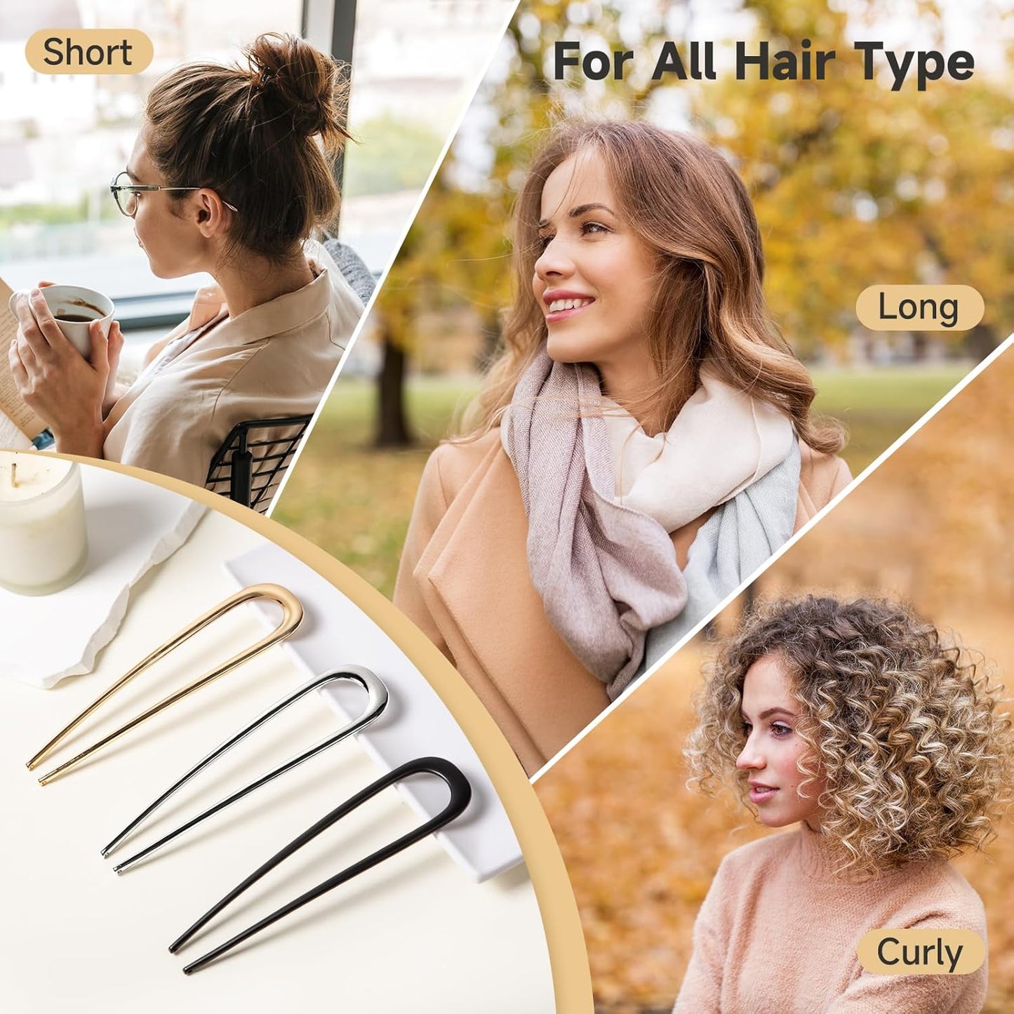 3 Pcs French Hair Pins for Women - French Twist Hair Pins for Buns, Metal Gold Hair Accessories