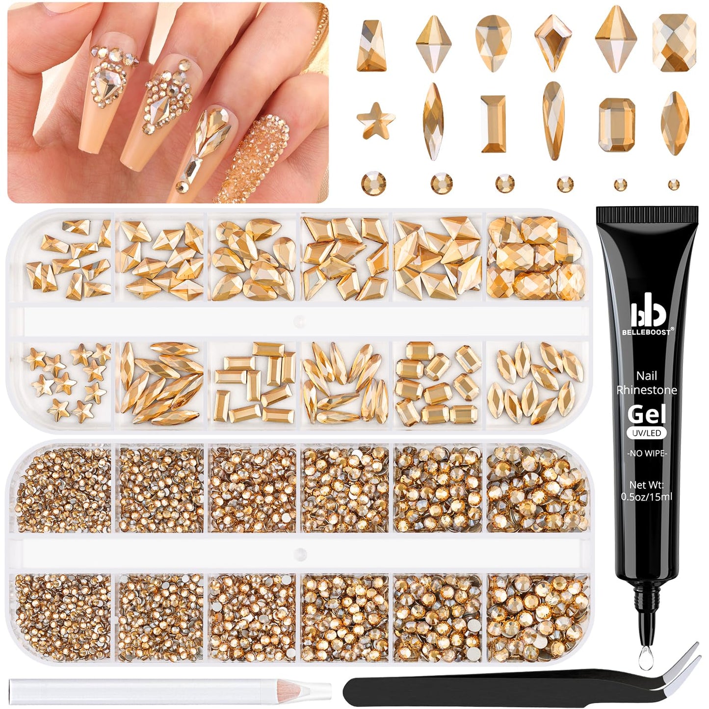 3220Pcs Champagne Gold Nail Rhinestones 120Pcs Multi Shapes Flatback Gems Charms Crystal+3100Pcs 1.5-4mm Round Beads, Glass Diamond Gemstones for Bedazzling Acrylic Nails Decoration