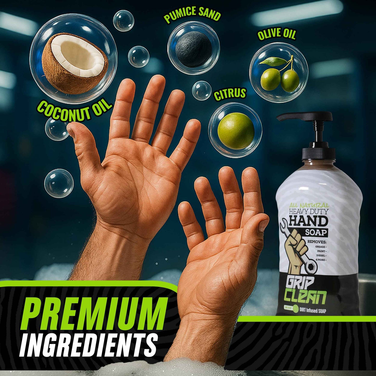 Grip Clean Heavy-Duty Hand Cleaner for Mechanics with Nail Brush - Moisturizing Coconut Oil Hand Cleaner Liquid Hand Soap with Stiff Bristle Nail Brush, Lime Scent β 8 Fl Oz Squeeze Bottle + Brush