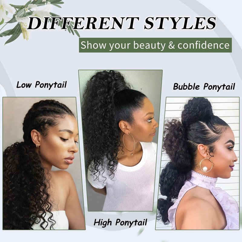 Alebery 20 Inch Drawstring Ponytail Extension for Black Women Deep Curly Ponytail Extension Synthetic Mixed with Human Hair Hairpieces Afro Kinky Curly Pony Tail for Daily Use (Black)
