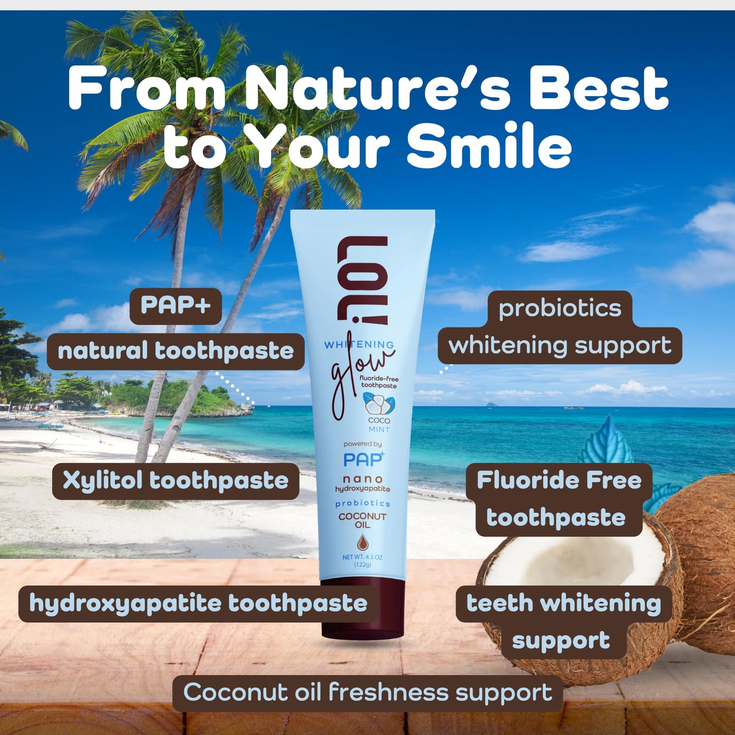 LOL Whitening Toothpaste Sensitive Teeth – Fluoride Free, Pap + Nano Hydroxyapatite Toothpaste, Coconut Oil, Probiotics & Xylitol, Natural Coconut Flavor
