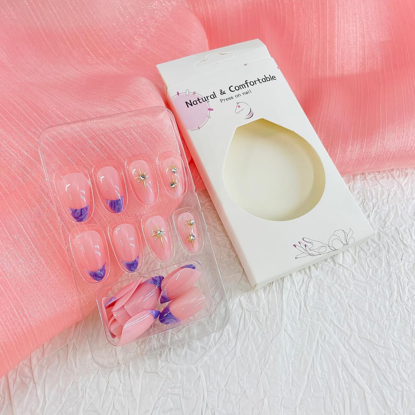 French Tip Almond Press-On Nails with Gold Bow | Reusable Glossy Acrylic False Nails for Women