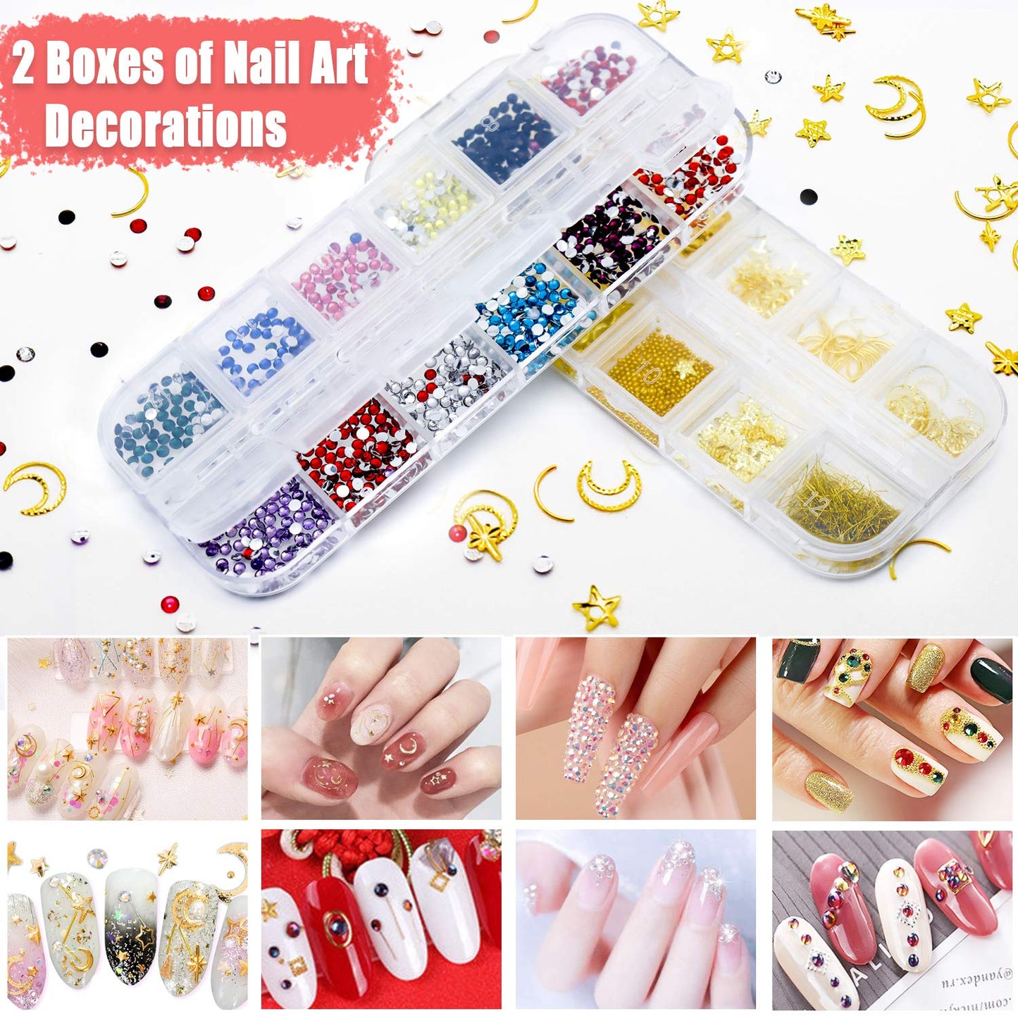 Nail Art Design Tools - 3D Decorations Kit with Brushes, Dotting Tools, Holographic Stickers, Nail Foil Tape, Rhinestones and Pick-Up Tweezers