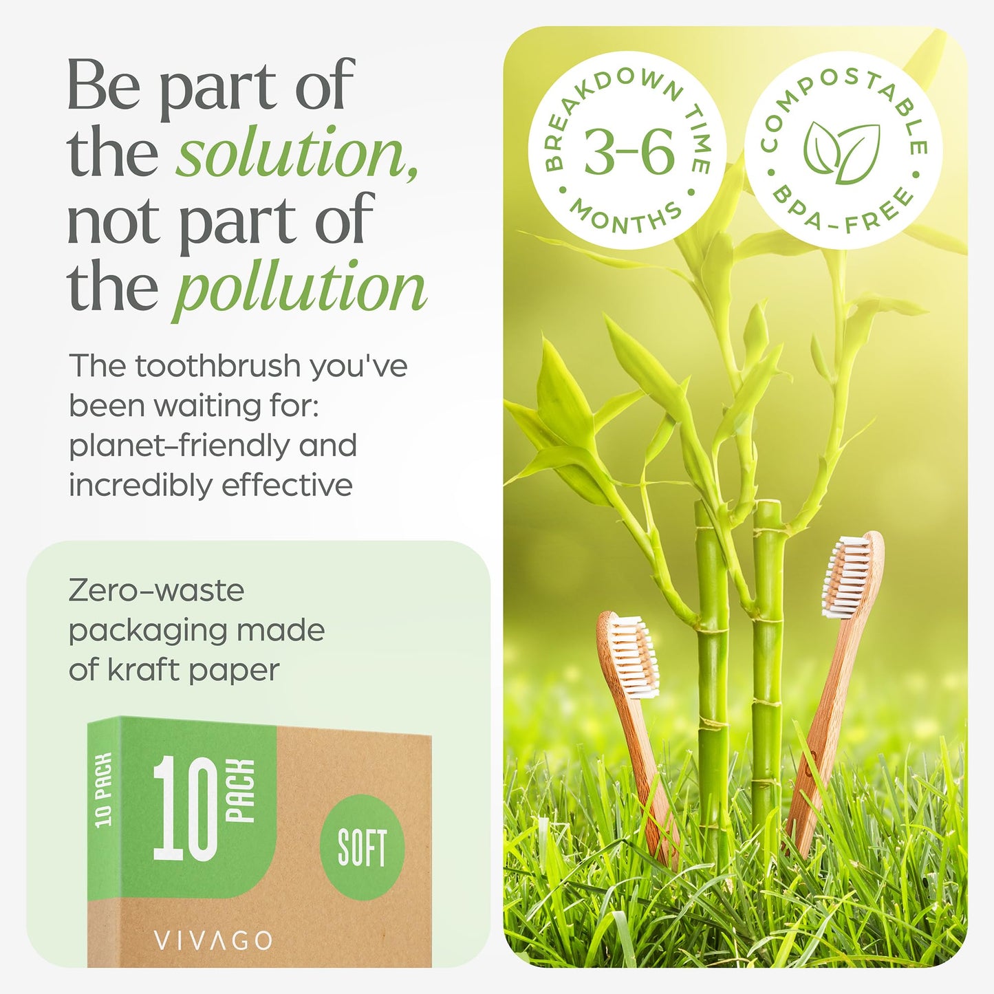 VIVAGO Bamboo Toothbrushes Bulk Soft Bristles (50 Pack) - Eco-Friendly, Natural Wooden Toothbrush
