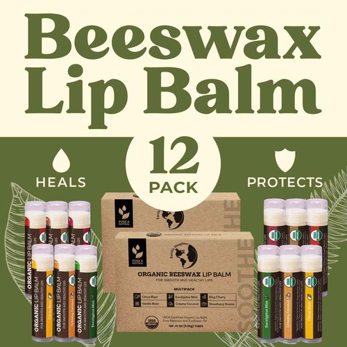 Earth's Daughter USDA Organic Lip Balm 12-Pack (2x 6-Packs) - Fruit Flavors, Beeswax, Coconut Oil, Vitamin E - Best Lip Repair Chapstick for Dry Cracked Lips - Moisturizing Lip Care