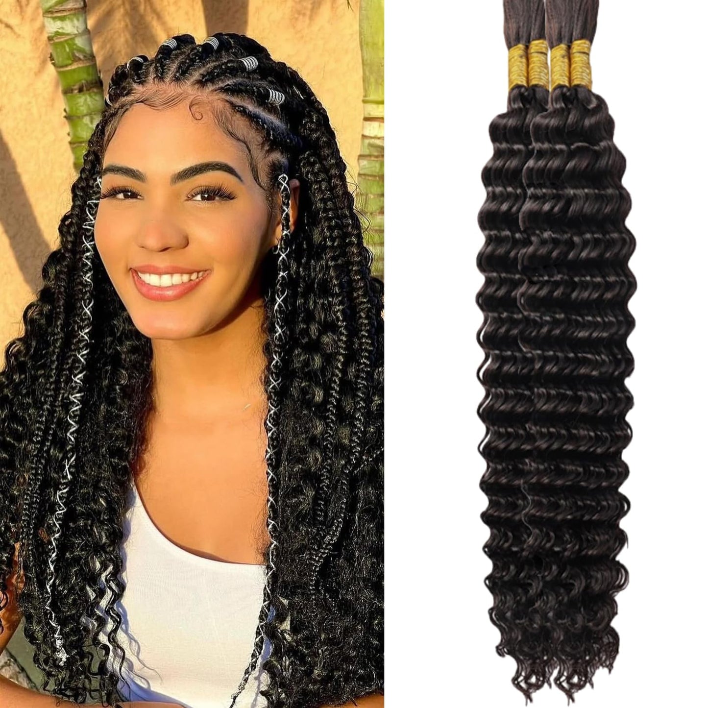 Edwad 22 Inch 100g Human Braiding Hair for Boho Braiding-Deep Wave Human Bulk Boho Hair for Braids 12A Bohemian 4 Bundles/Pack Natural Color