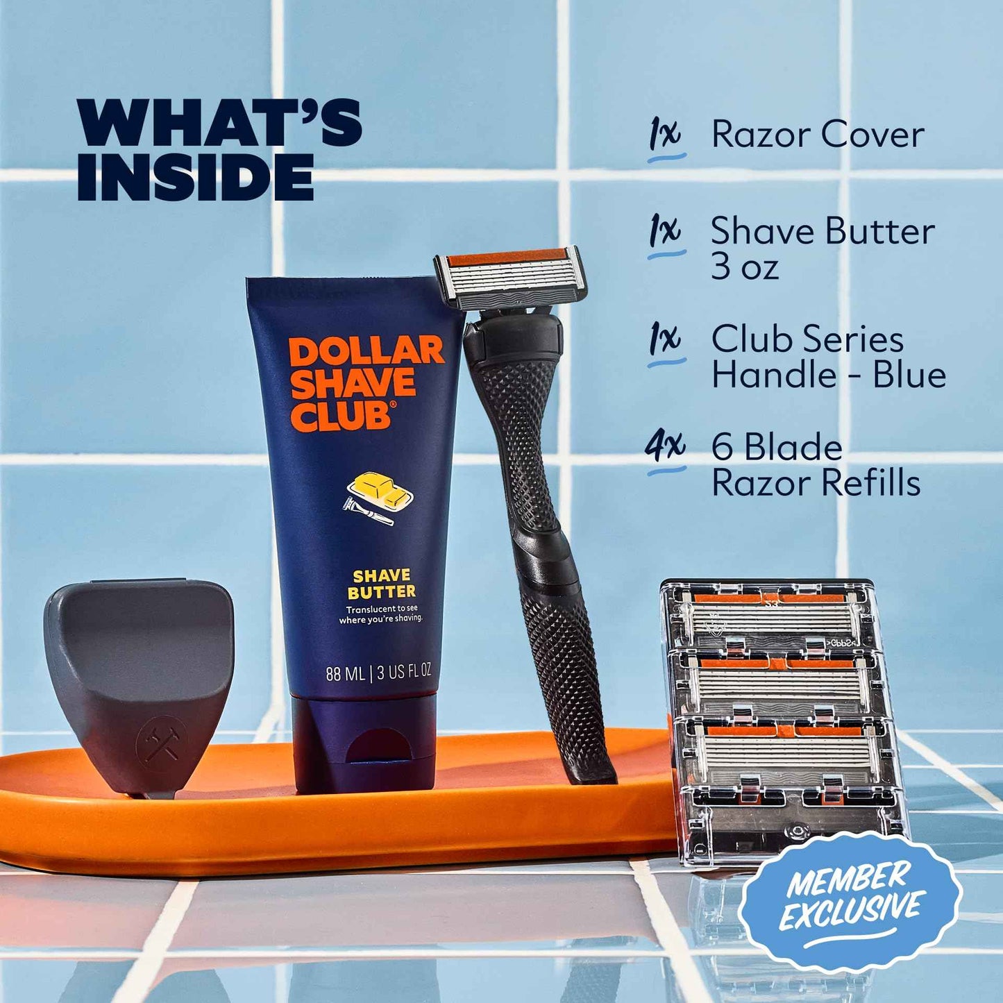 Dollar Shave Club | The Member Exclusive Shave Set | 4 Extra Close Refill Cartridges, 1 Handle (Black), 1 Shave Butter 3 ounce, 1 Razor Cover, Razors for Men
